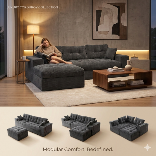 108" Deep Seat Cloud Sectional with Charging Station (USB & Type-C), 4-Seater Modular Sofa with Reversible Ottoman, Luxury L-Shaped Couch for Living Room