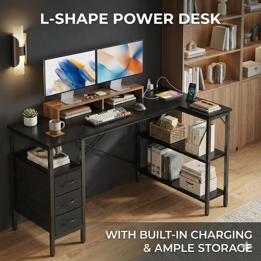 L-Shaped Gaming Desk with LED Lights & USB Charging Ports – Reversible Home Office Computer Table for Small Spaces