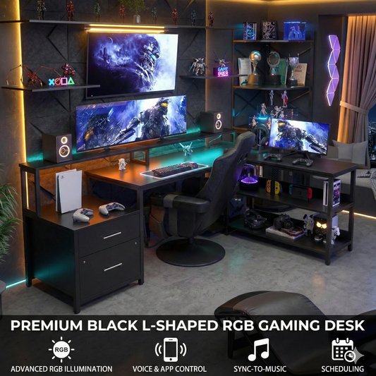 Work Smart, Play Hard: The Versatile L-Desk with Power, Storage, and LEDs.